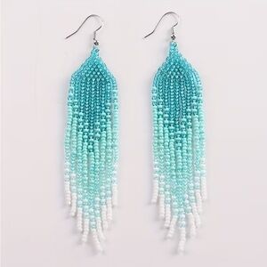 Boho Turquoise Ombre Beaded Fringe Earrings